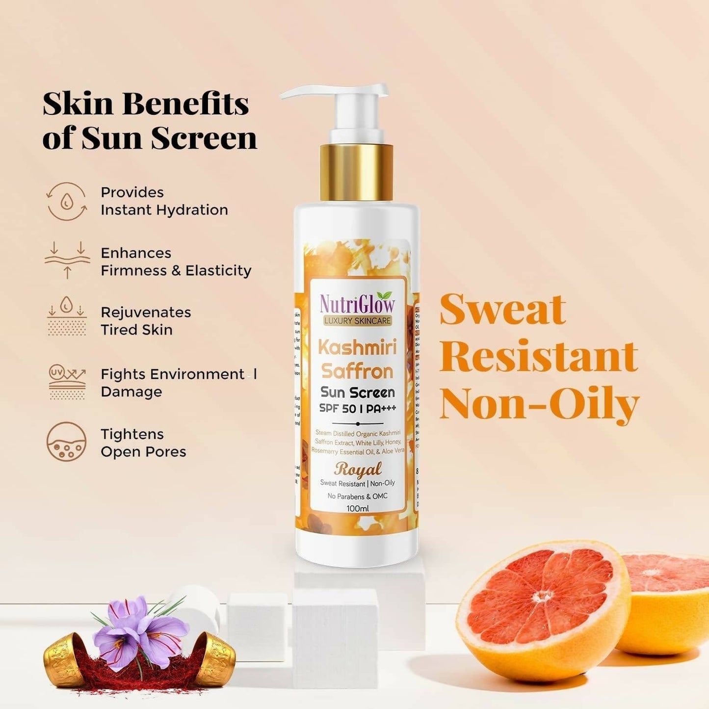 NutriGlow Luxury Skincare Kashmiri Saffron Sunscreen Serum 50 PA+++