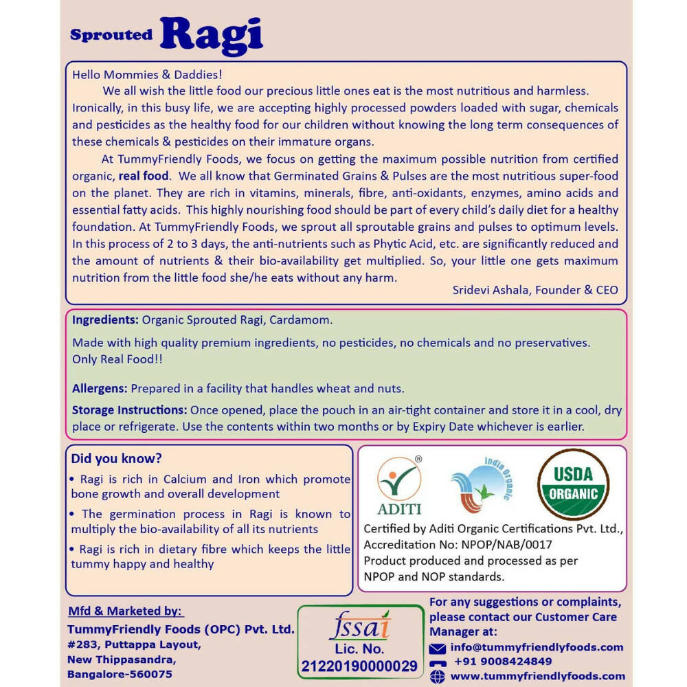 TummyFriendly Foods Certified Organic Sprouted Ragi Porridge Mix
