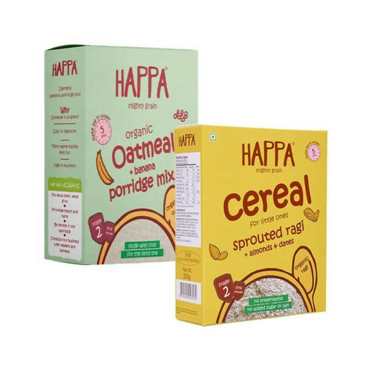 Happa Organic Baby Food Sprouted Ragi Almond Dates Porridge Mix & Oatmeal + Banana Porridge Combo -  USA, Australia, Canada 