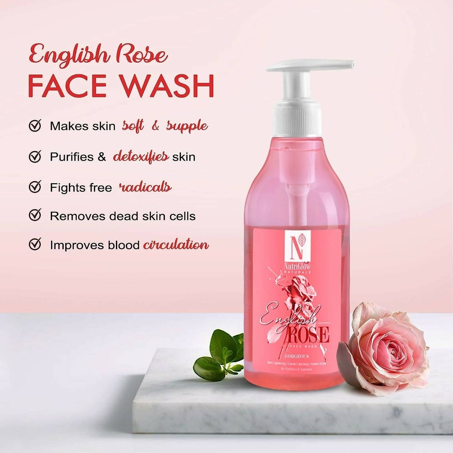 NutriGlow NATURAL'S English Rose Face Wash /With Natural Source Ingredients/Clean The Skin/ Glow / Cleansing