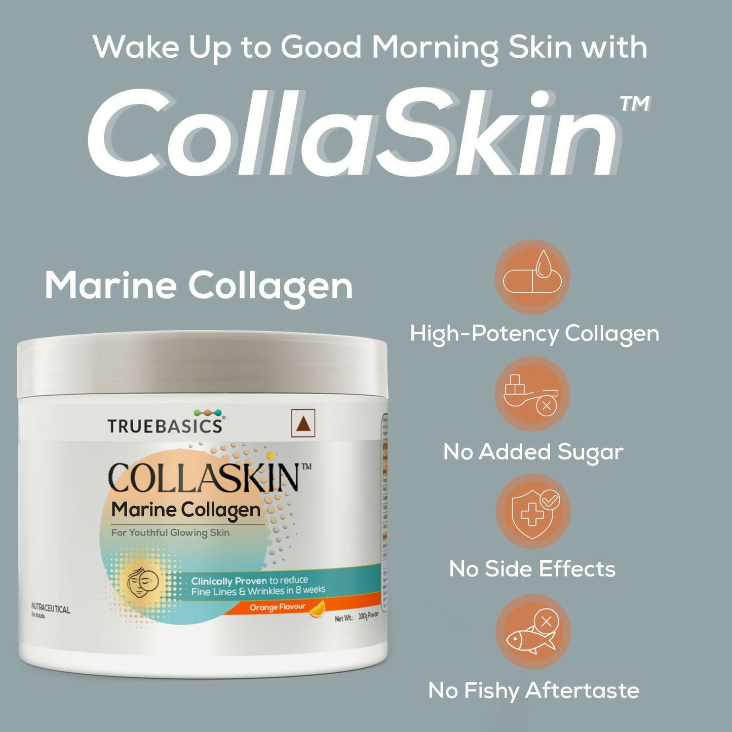 TrueBasics CollaSkin, Marine Collagen Peptides for Youthful Glowing Skin - Orange