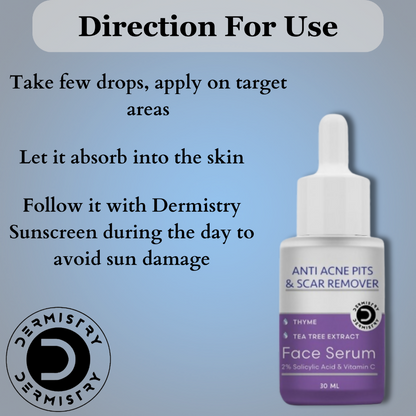 Dermistry Anti Acne 2% Salicylic Acid Niacinamide & Vitamin C Pits Scars Dark Spots Face Serum