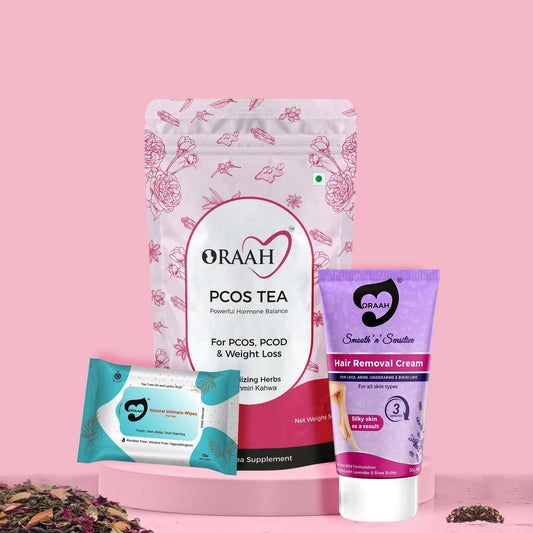Oraah PCOS PCOD Care Combo (Kahwa Tea, Hair Removal Cream & Intimate Wipes) - usa canada australia
