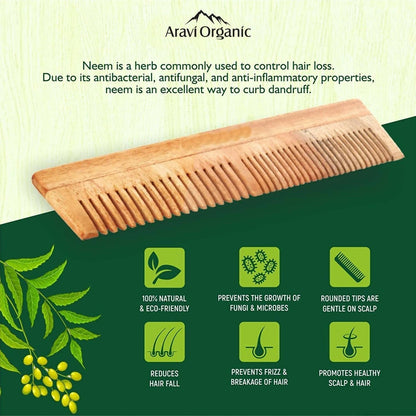 Aravi Organic Neem Wood Comb Fine and Wide Tooth