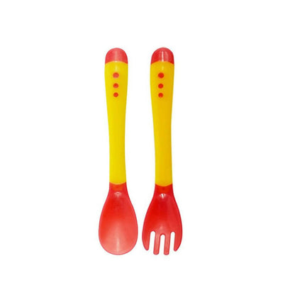 Safe-O-Kid Heat Sensitive 2 Spoons 2 Forks Set, Silicone Tip, Red And Yellow