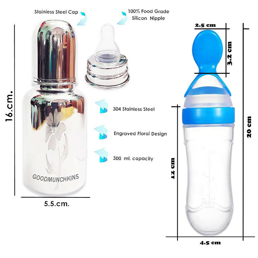 Goodmunchkins Stainless Steel Feeding Bottle & Spoon Food Feeder Anti Colic Silicone Nipple Combo-(Blue, 300ml)
