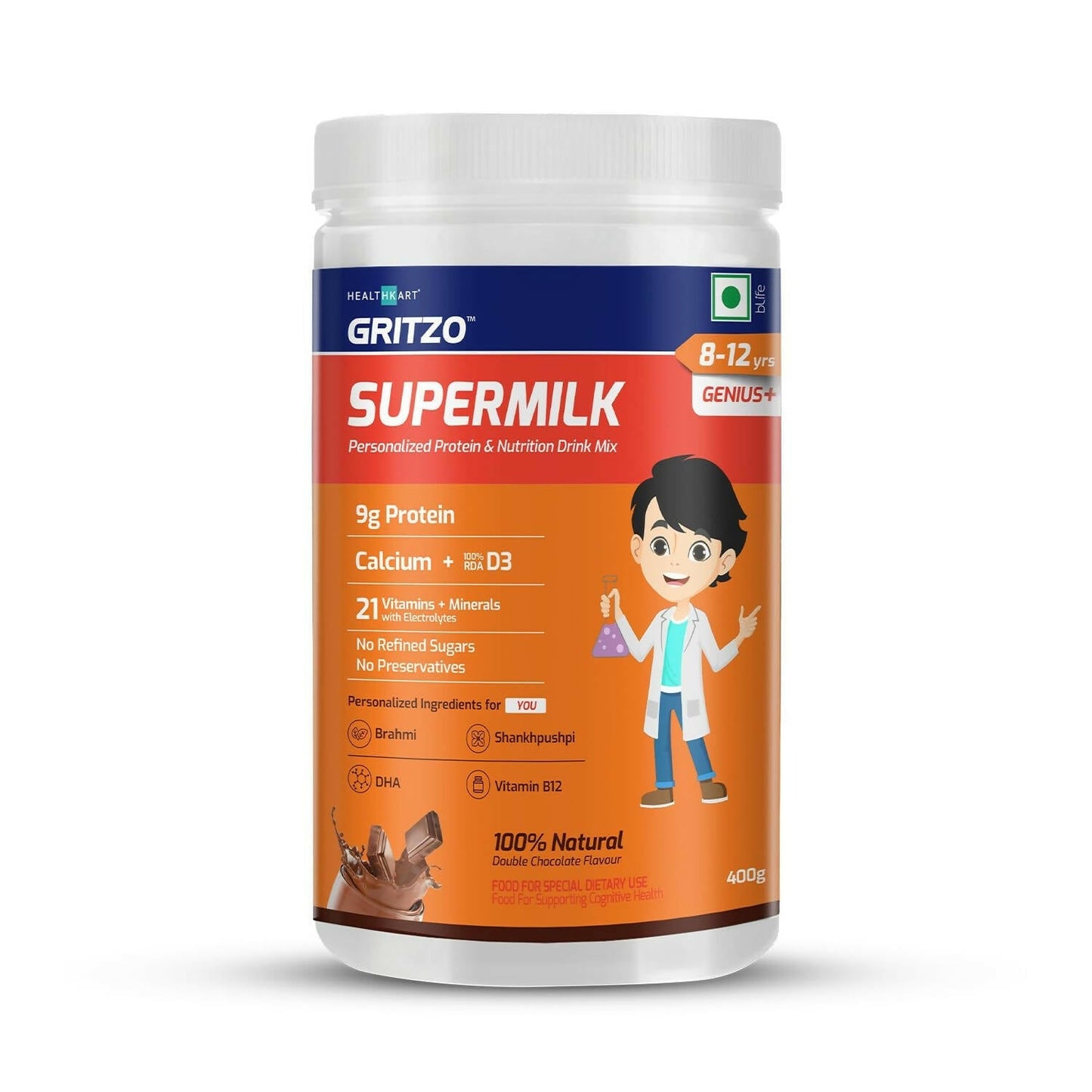 Gritzo SuperMilk Genius+ Health Drink for 8-12 Yr Boys - Double Chocolate