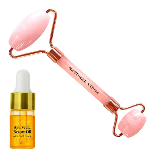 Natural Vibes Rose Quartz Roller & Massager with Free Gold Beauty Elixir Oil -  USA 