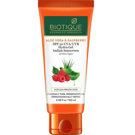 Biotique Advanced Ayurveda Aloe Vera & Raspberry SPF 50 Hydra Gel Sunscreen - BUDNE