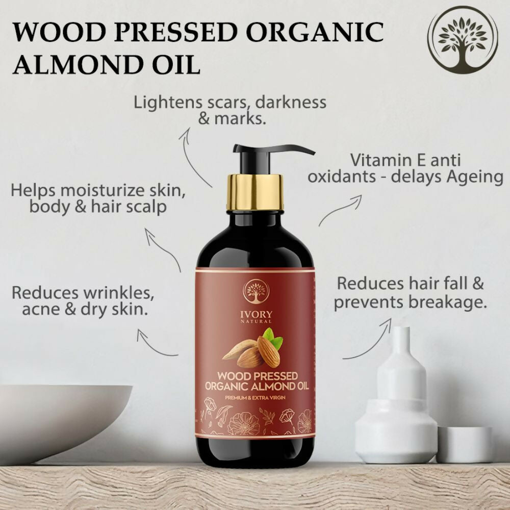 Ivory Natural Wood Pressed Organic Almond Oil , Premium Extra Virgin Oil - For Radiant Skin, Hair Wellness