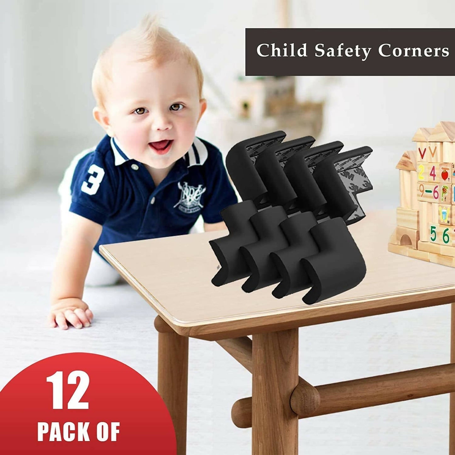 Safe-O-Kid Set of 12 Corner L Shaped Corner Guards for Kids safety- Black-Small
