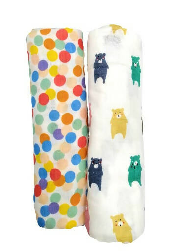 Kindermum Organic Cotton Muslin Swaddle Blanket 110 Cm X 110 Cm - Set Of 2 - Colorful Polka And Bear -  USA, Australia, Canada 