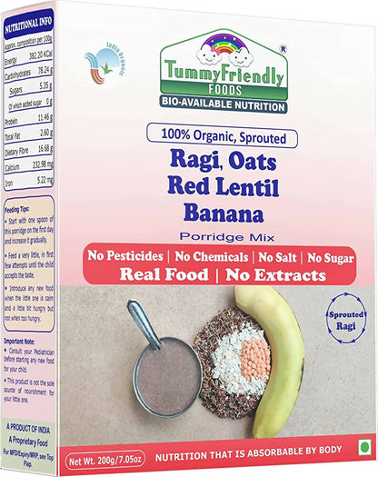 TummyFriendly Foods Organic Sprouted Ragi, Oats, Red Lentil, Banana Porridge Mix -  USA, Australia, Canada 