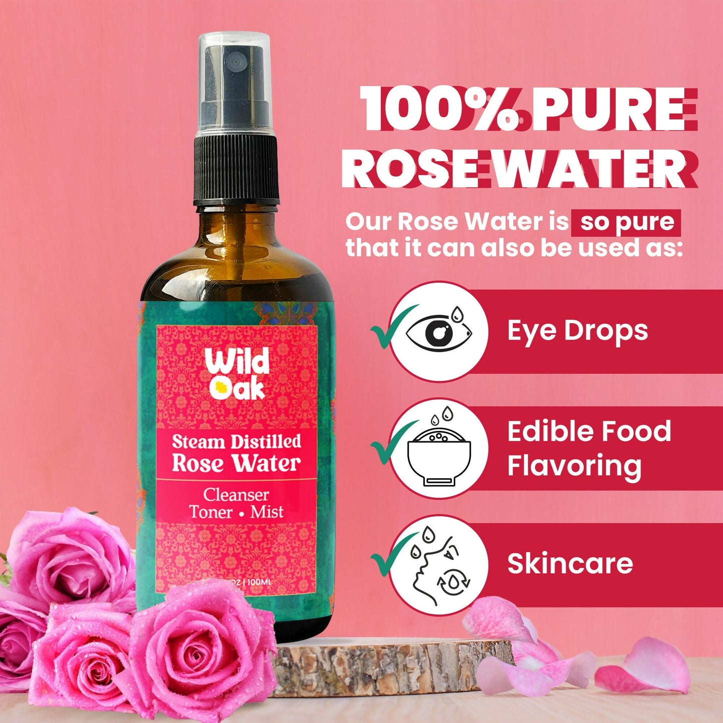 Wild Oak Steam Distilled 100% Pure Bulgarian Rose Water Face Toner