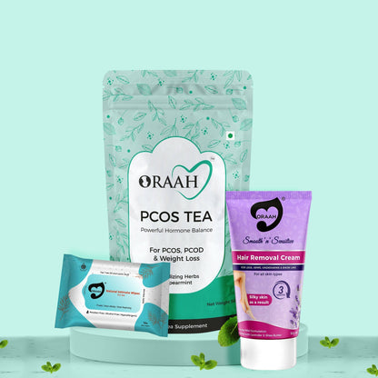 Oraah PCOS PCOD Care Combo (Spearmint Tea, Hair Removal Cream & Intimate Wipes)