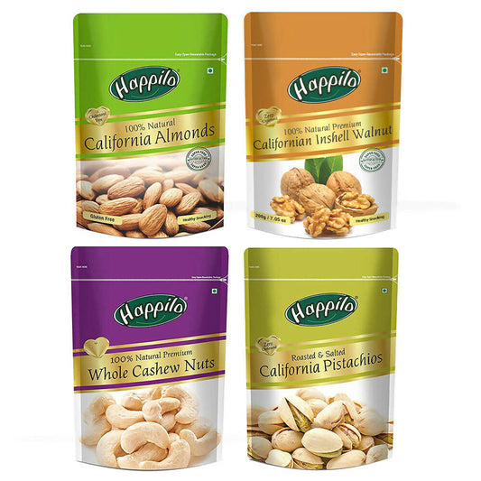 Happilo Premium Dry Fruit Combo (Almond, Cashews, Pistachios & Inshell Walnuts) - BUDNE