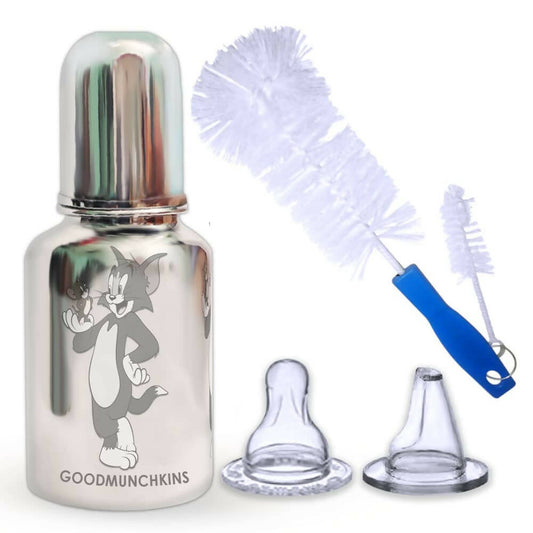 Goodmunchkins Stainless Steel Feeding Bottle with Anti Colic Silicone Nipple/Bottle Cleaning Nylon Brush (300ml, Blue) -  USA, Australia, Canada 