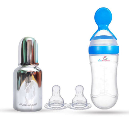 Goodmunchkins Stainless Steel Feeding Bottle & Spoon Food Feeder Anti Colic Silicone Nipple Combo-(Blue, 150ml) -  USA, Australia, Canada 