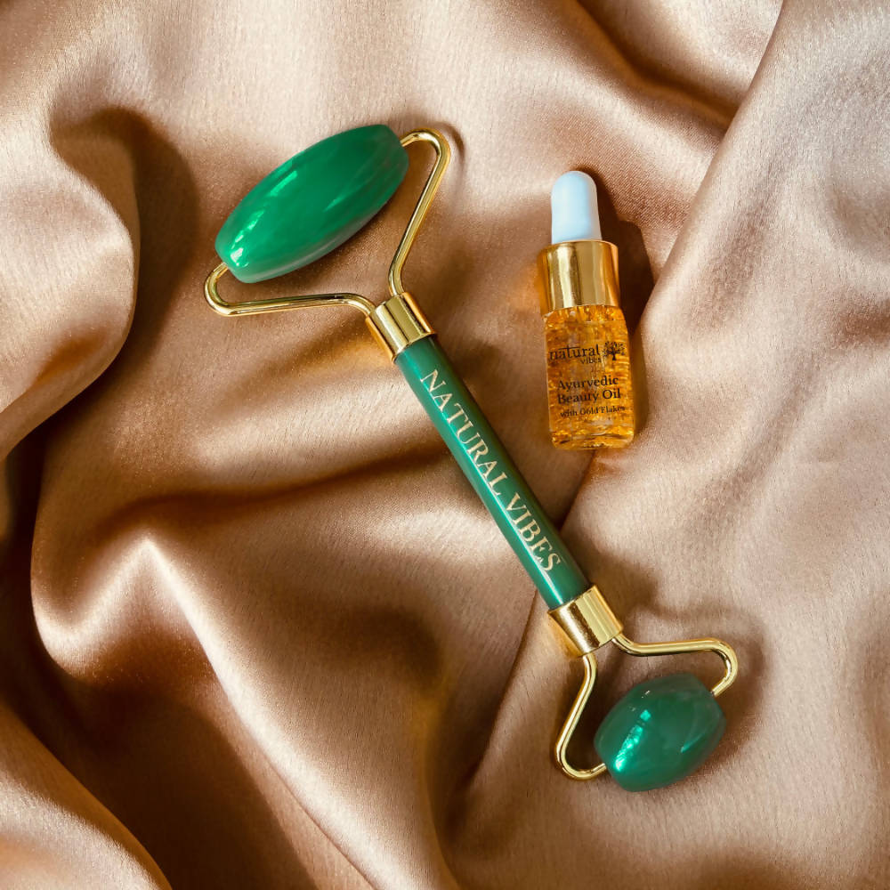 Natural Vibes Jade Roller & Massager with Free Gold Beauty Elixir Oil