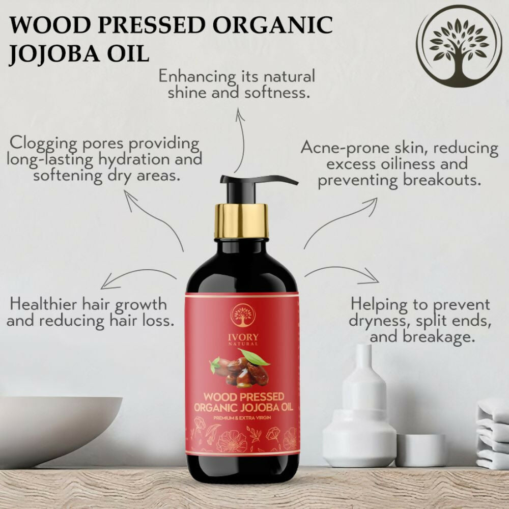 Ivory Natural Wood Pressed Organic Jojoba Oil Premium & Extra Virgin For Smooth Dry Skin, Avoid Flakiness, & Improve Skin Elasticity