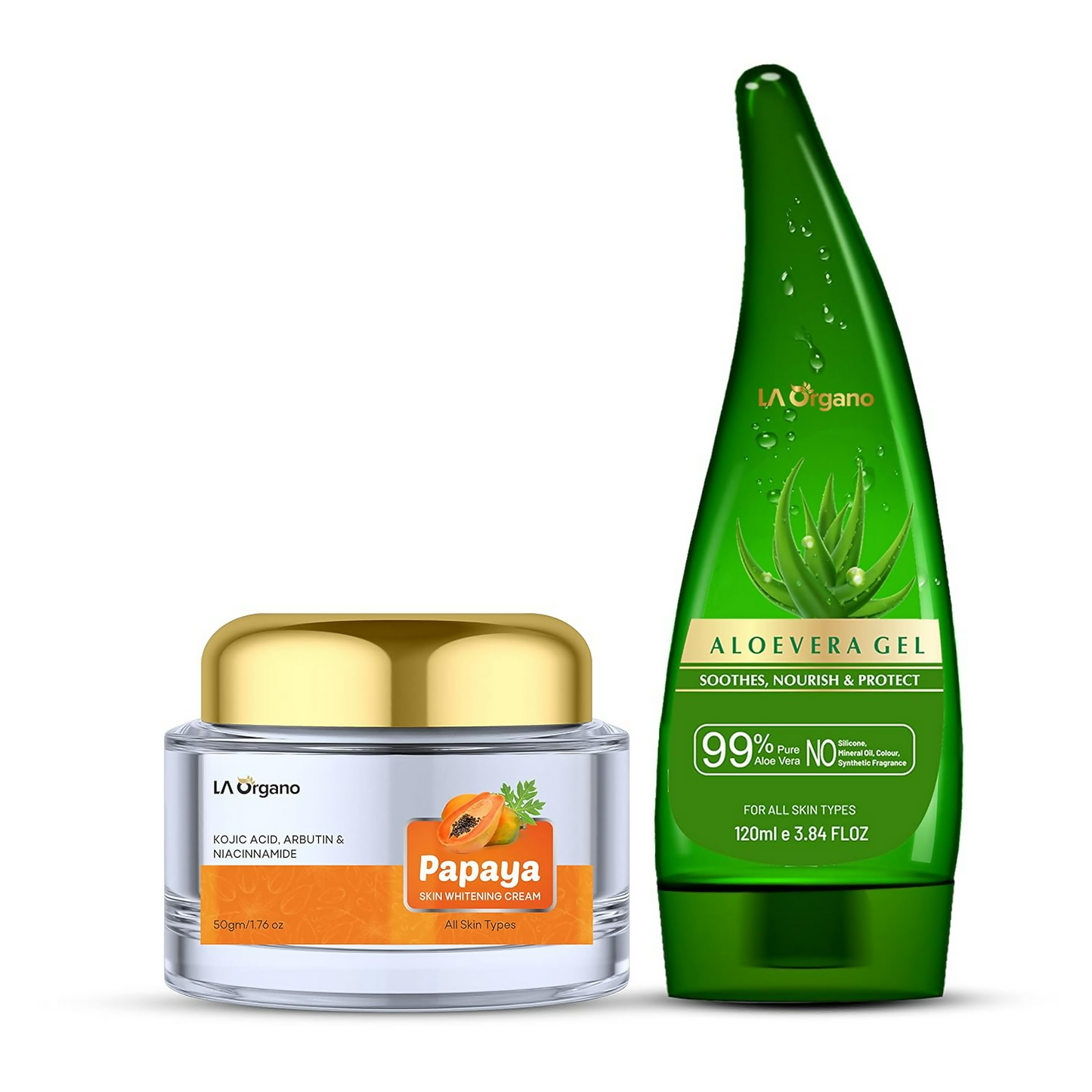 LA Organo Aloe Vera Gel for Face & Hair Moisturization and Papaya Skin Whitening Cream Combo