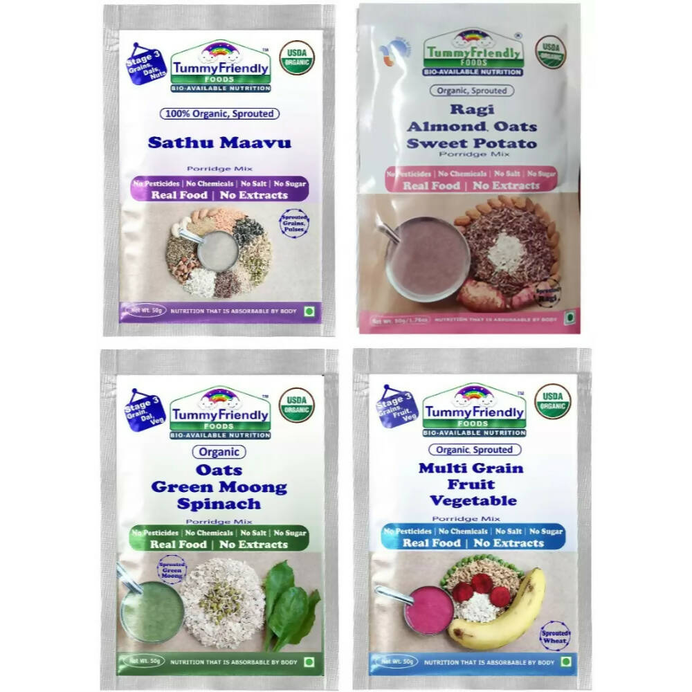 TummyFriendly Foods Certified Stage3 Porridge Mixes Trial Packs - Ragi, MultiGrain, Oats, Sathu Maavu for 8 Months Old Baby -  USA, Australia, Canada 