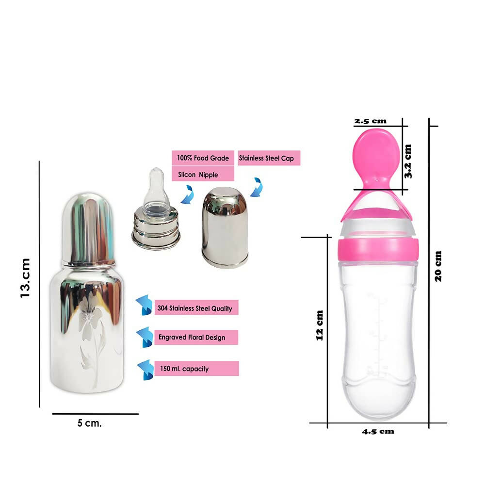 Goodmunchkins Stainless Steel Feeding Bottle & Spoon Food Feeder Anti Colic Silicone Nipple Combo-(Pink,150ml)