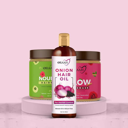 Oraah Beauty Care Combo (Onion Hair oil + Hair Mask + Glow Face Mask) - buy-in-usa-australia-canada