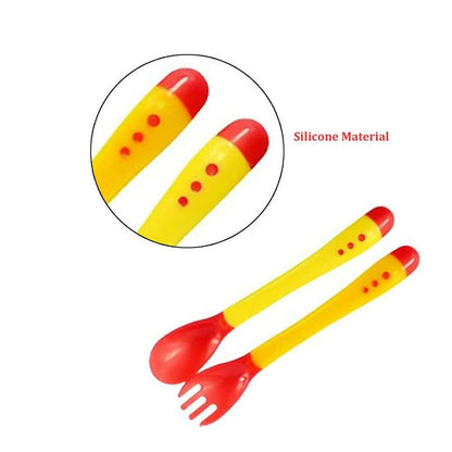 Safe-O-Kid Heat Sensitive 2 Spoons 2 Forks Set, Silicone Tip, Red And Yellow
