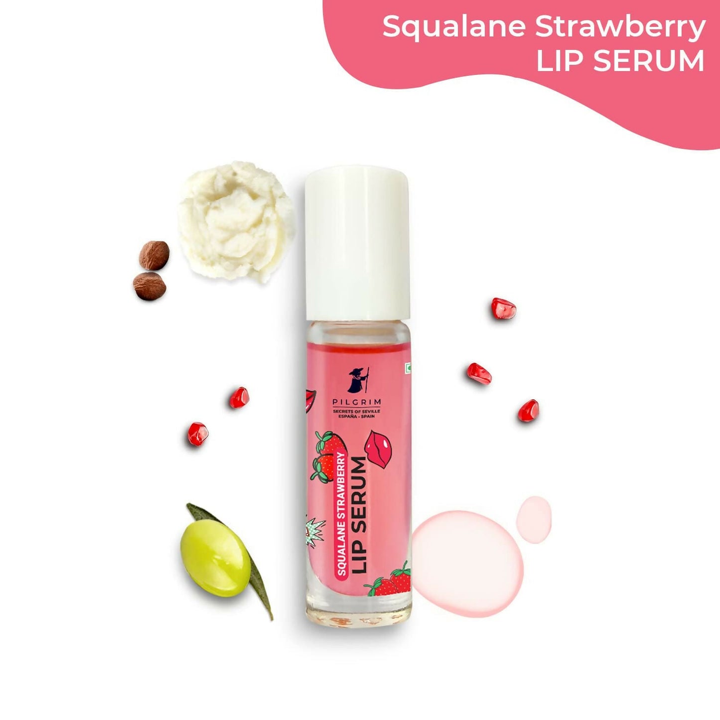 Pilgrim Spanish Lip Serum (Strawberry) with Roll-on For Visibly Plump Lips, Hydrating Lip Serum For Dark Lips