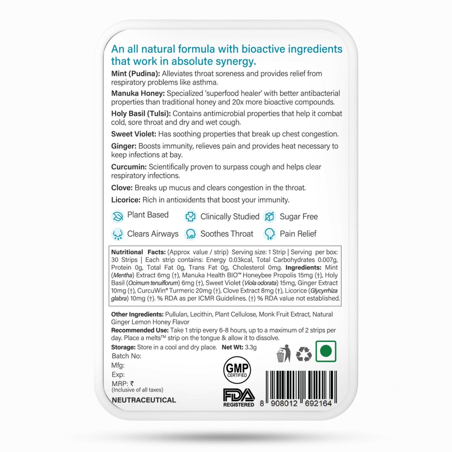 Wellbeing Nutrition Melts instant Throat Relief Oral Strips-Soothing Ginger Lemon Honey Flavor