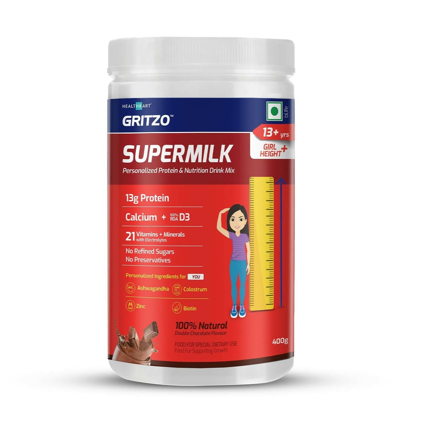 Gritzo Supermilk Height+ Health Drink For 13+Y Girls - Double Chocolate