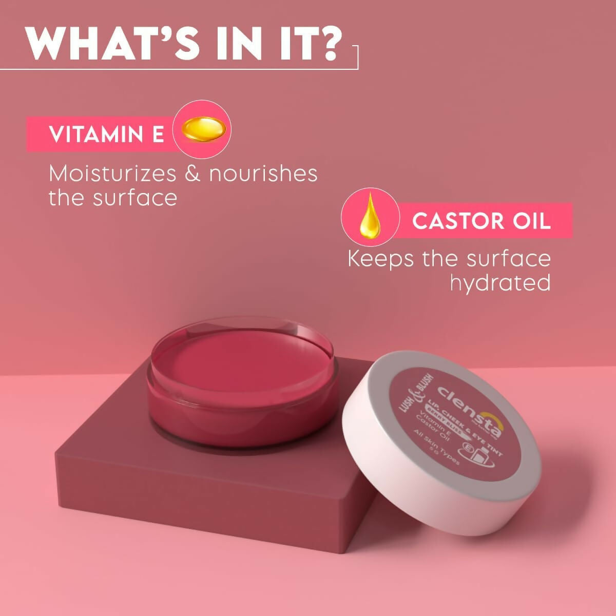 Clensta Lip Cheek Tint - Berry Bliss with Goodness of Vitamin E & Castor Oil