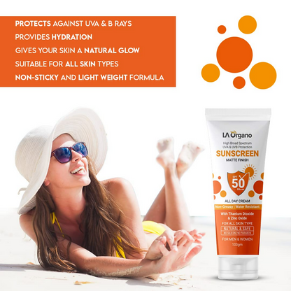 LA Organo Sunscreen Matte Finish All Day Cream SPF 50 PA+++ UVA/UVB Protection