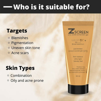 Zscreen Zinc Oxide Sunscreen Gel UVA/UVB Protection SPF 50+ PA+++