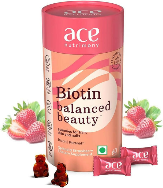 Ace Nutrimony Biotin Balanced Beauty Hair Gummies for Skin and Nails with Clinically Proven Keranat, Biotin - Strawberry - BUDNE