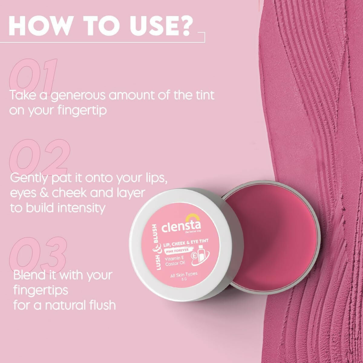 Clensta Lip Cheek Tint - Pink Forever, with Goodness of Vitamin E & Castor Oil