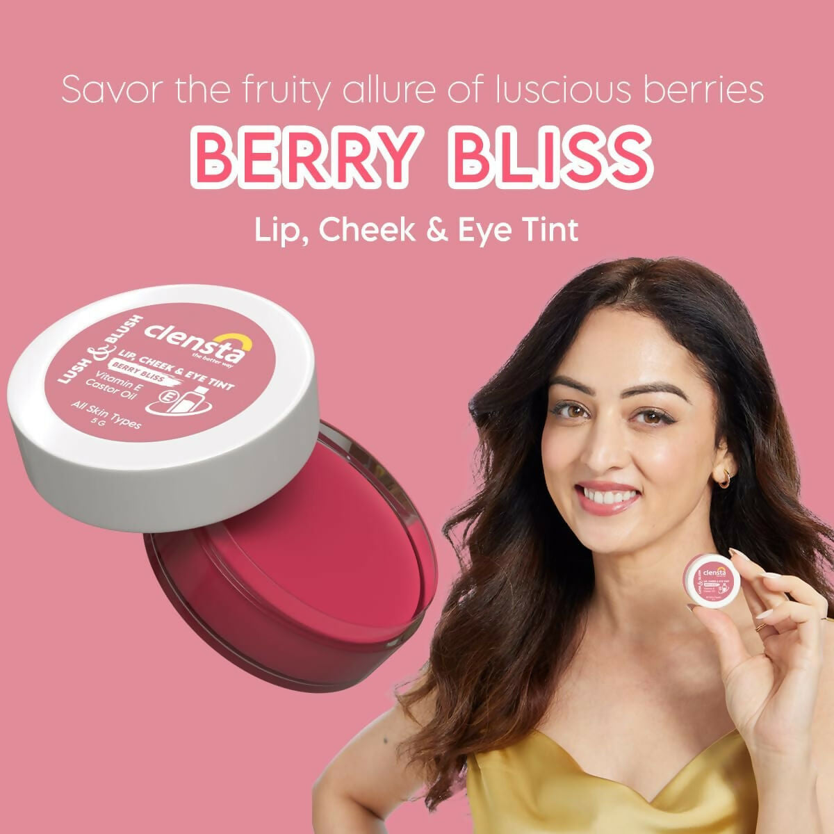 Clensta Lip Cheek Tint - Berry Bliss with Goodness of Vitamin E & Castor Oil