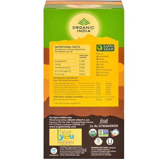 Organic India Tulsi Green Tea Lemon Ginger 25 Tea Bags