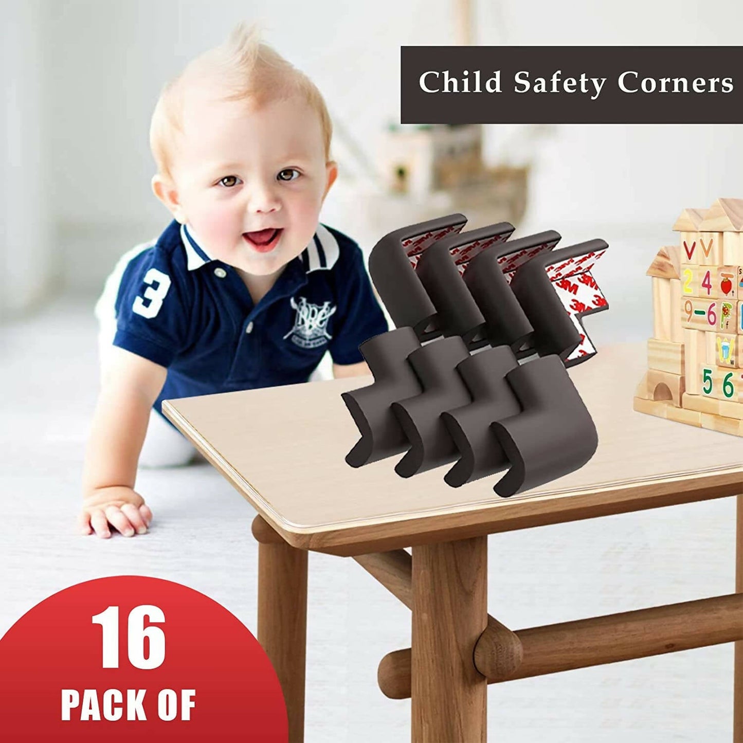 Safe-O-Kid Set of 16 Corner L Shaped Corner Guards for Kids safety- Brown-Small