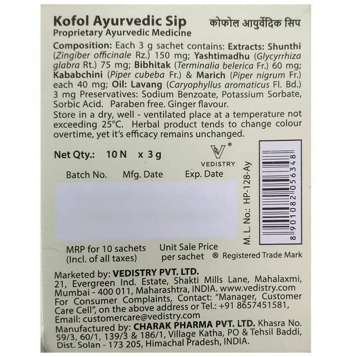 Charak Pharma Kofol Ayurvedic Sip Instant Kadha Sachet Sugar-Free