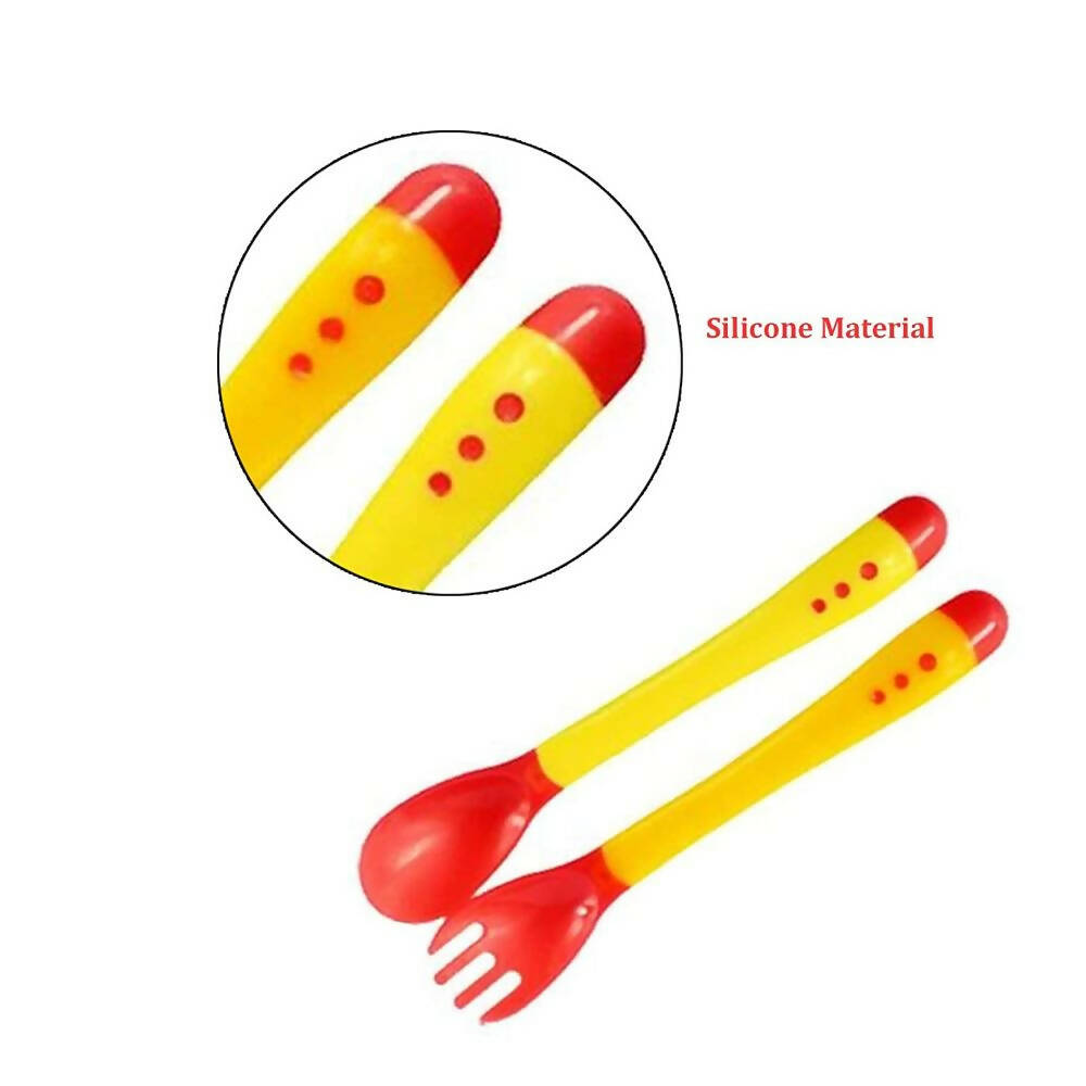 Safe-O-Kid Heat Sensitive 4 Spoons 4 Forks Set, Bpa Free, Silicone Tip, Red And Yellow