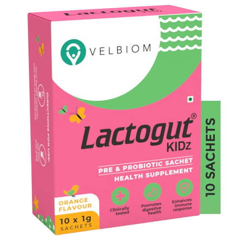 Velbiom Lactogut Kidz Probiotics Powder Sachets - Orange Flavor - BUDEN