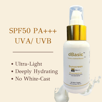 dBasic Sunscreen SPF50 PA+++ UVA/UVB, Blue Light Filter, Rice Water, Shea Butter & No White Cast