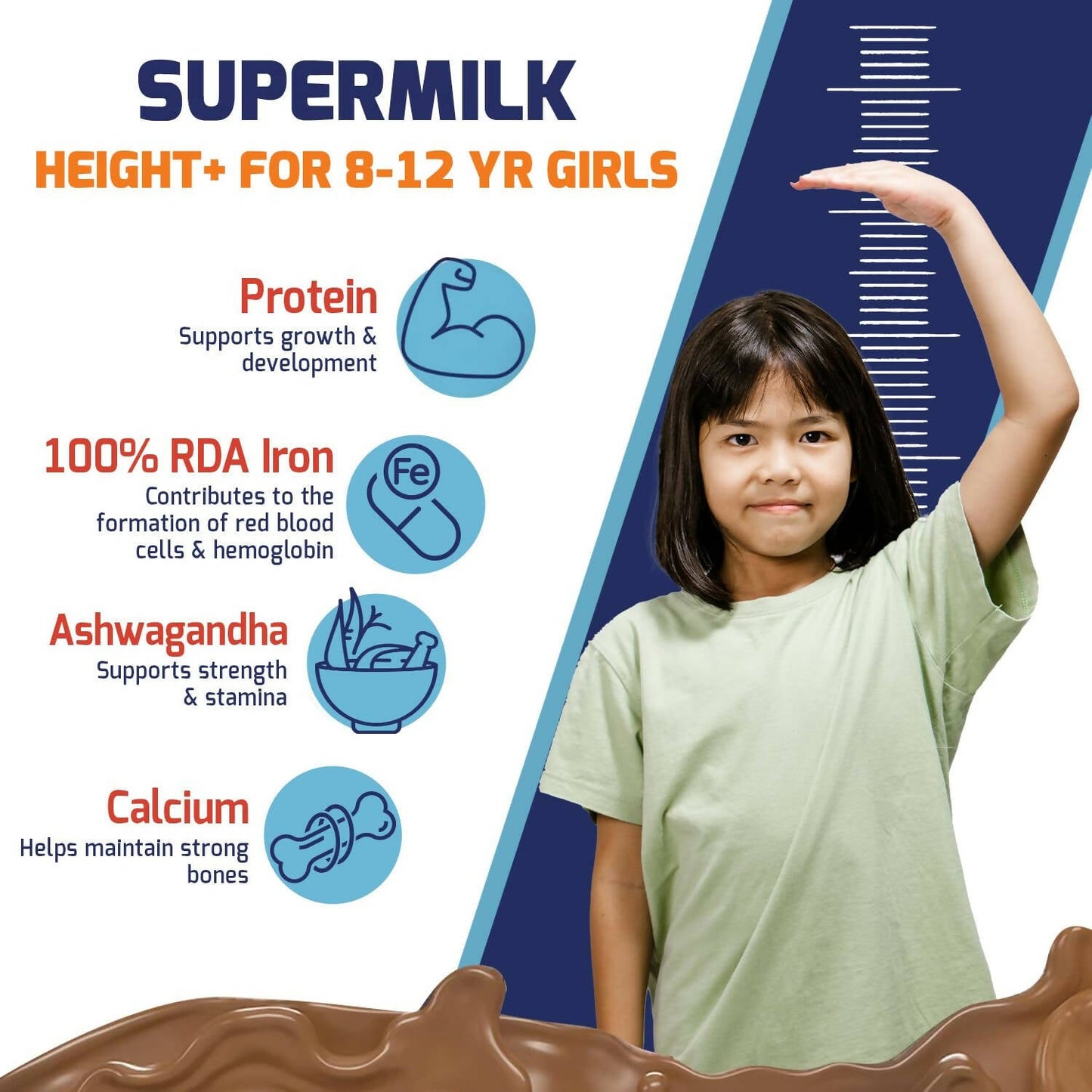 Gritzo SuperMilk Height+ Health Drink for 8-12y Girls - Double Chocolate Flavor