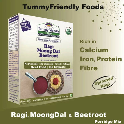 TummyFriendly Foods Organic Sprouted Ragi and Organic Sprouted Ragi, Moong Dal, Beetroot Porridge Mixes Combo