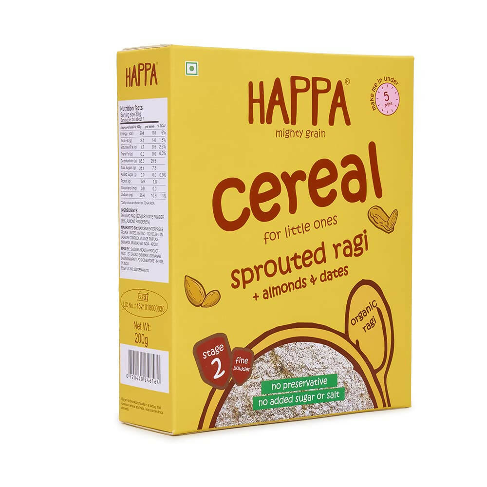 Happa Organic Baby Food Sprouted Ragi, Almonds + Dates Porridge Mix-Stage 2 -  USA, Australia, Canada 