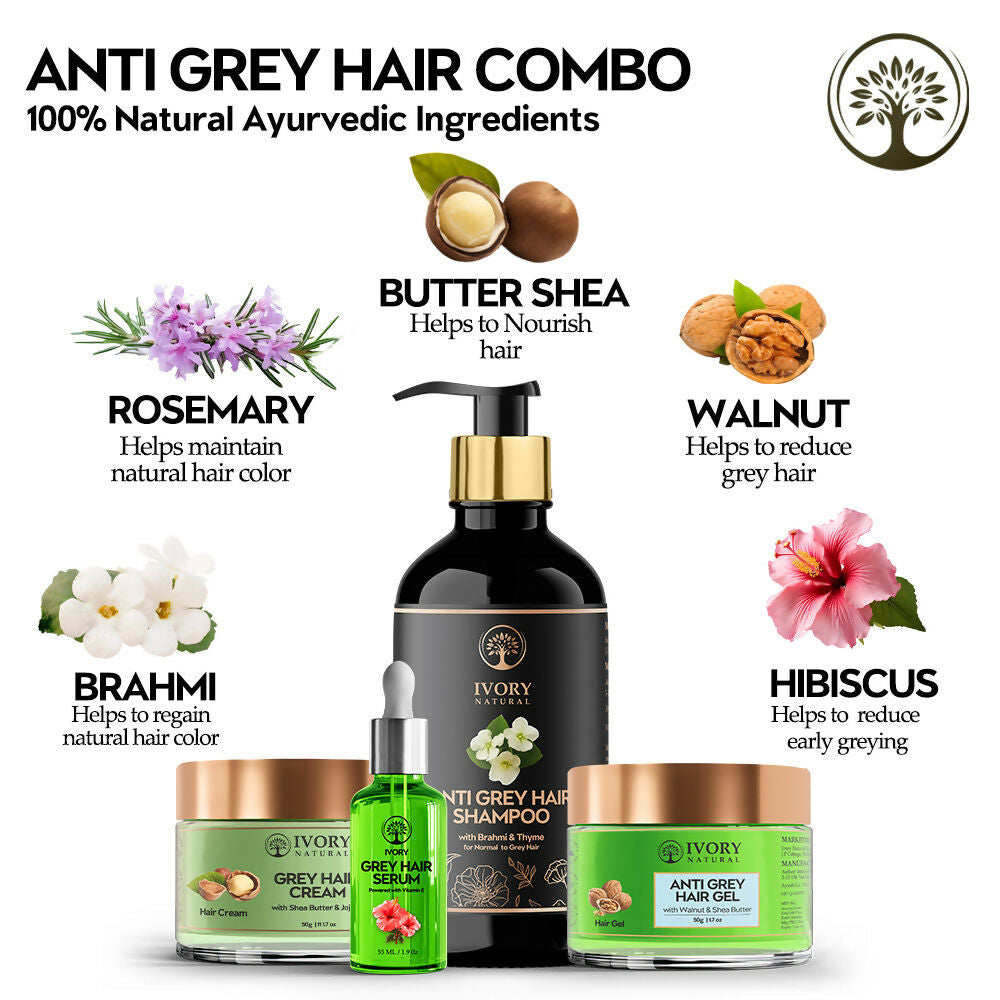 Ivory Natural Grey Hair Advanced Combo (Serum, Shampoo, Cream & Gel) For Both Men & Women