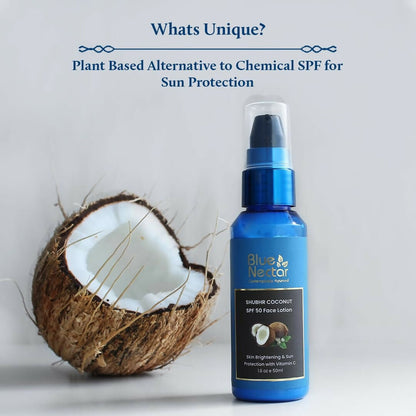 Blue Nectar Coconut Sunscreen SPF 50 Face Lotion, No White Cast, Plant Based Photostable Sunscreen with Vitamin C for Skin Brightening