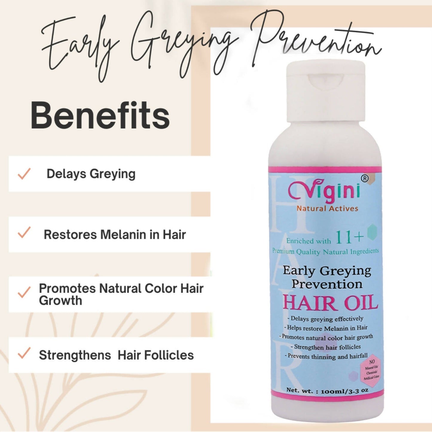 Vigini Early Anti Greying Hair Care Oil with Amla, Onion Seed Oil, Flaxseed Oil